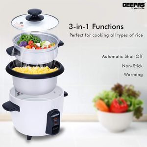 Geepas Rice Cooker is a 3-in-1 appliance.