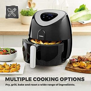 Tower T17024 Digital Air Fryer next to fried foods.