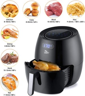 Various temperatures and cooking times required for the Uten 6.5L Air Fryer.